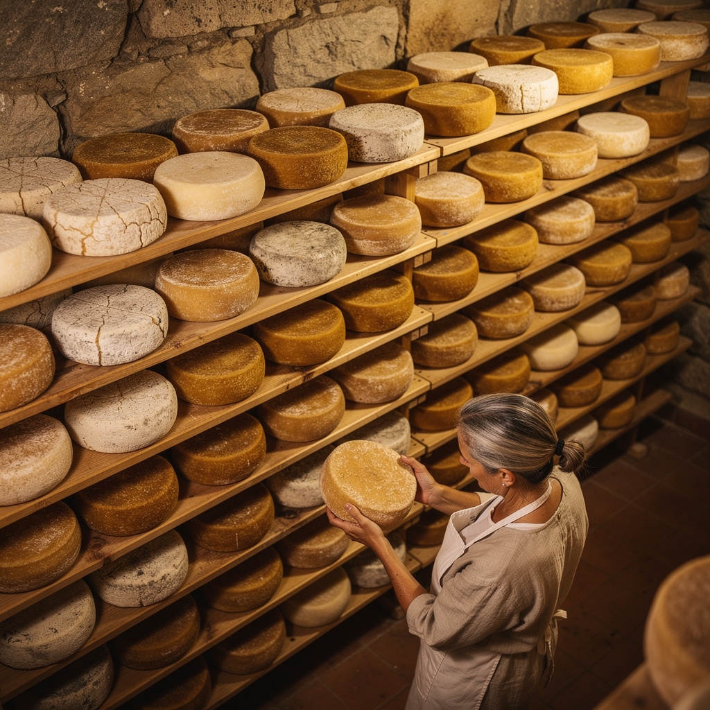 Käse bei der Reifung in einem traditionellen Keller