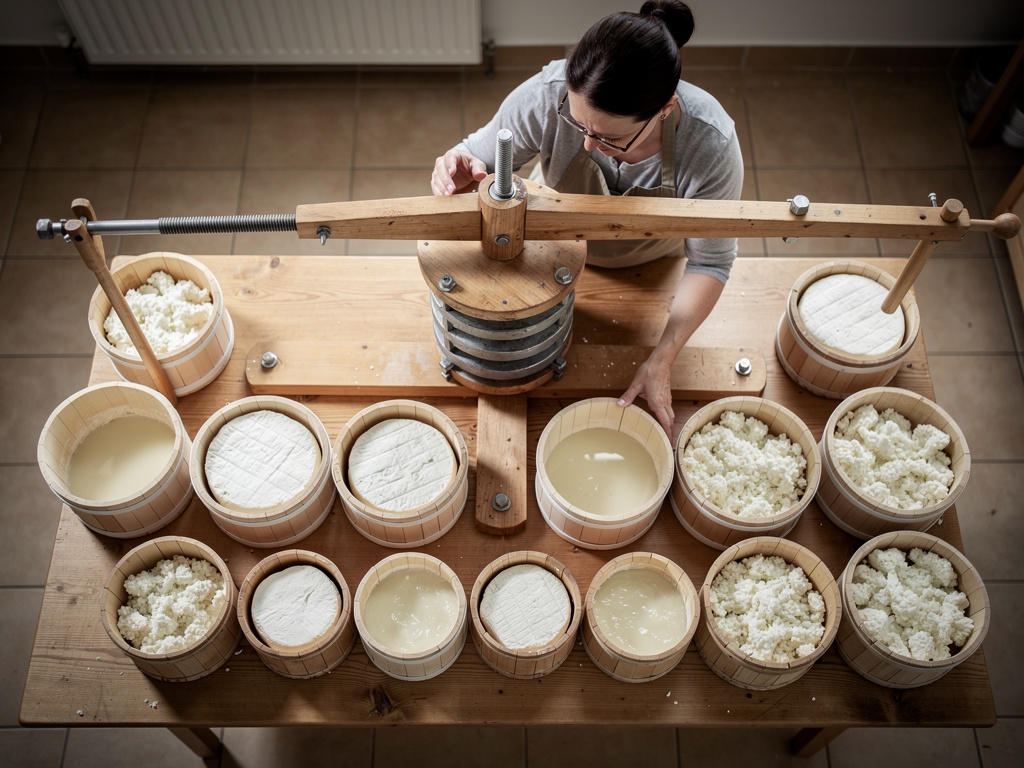 Schnittkäse wird in Käseformen gepresst