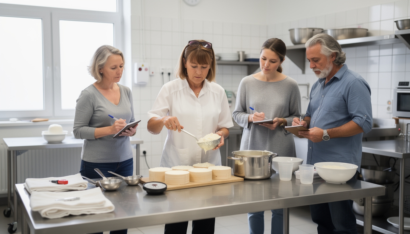 Käse-Workshop Gruppe bei der praktischen Herstellung
